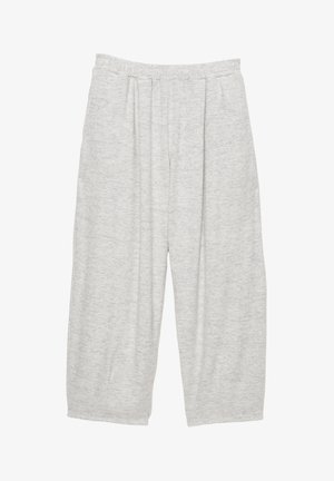 Světle šedé, kalhoty s širokými nohavicemi vyrobené z měkké látky. Mají elastický pas a přední skladby pro větší objem a pohodlí.