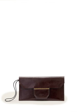 Dark brown leather clutch with a wrist strap and a front flap closure with a small geometric pocket detail.