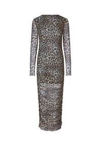 Robe à manches longues en imprimé léopard avec une silhouette ajustée. Fabriquée en tissu transparent, elle présente un ruché sur les côtés pour ajouter de la texture.