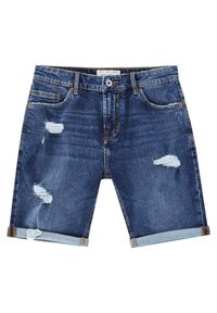 Short en denim bleu foncé avec un design usé, comprenant des zones effilochées, des revers roulés et un style classique à cinq poches.
