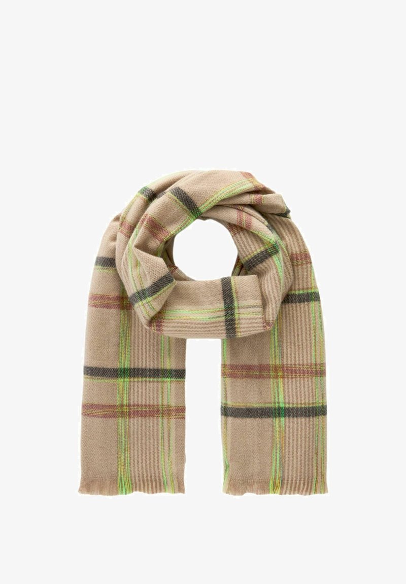 Beige Wollschal mit einem mehrfarbigen Karomuster in Grün, Braun und Rot, mit ribbeliger Textur und fransigen Kanten.