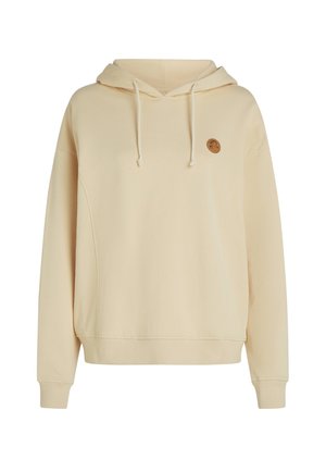 Gai beige kapucīna džemperis, kas izgatavots no mīksta auduma, ar priekšējo kabatu un apaļu logo kreisajā krūtī. Ribotie aproces.