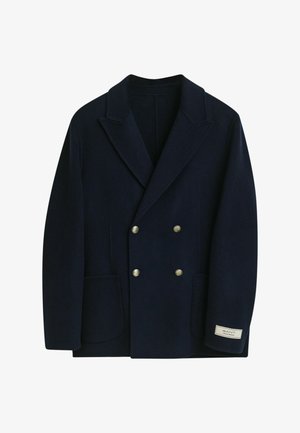 Marineblauer, doppelt geknöpfter Mantel aus Wolle, mit goldfarbenen Knöpfen, Reverskragen, zwei Fronttaschen und einem Markenlabel am Ärmel.