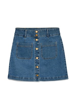 Középkék mosott farmer miniszoknya elülső gombos záródással és két nagy elülső folt zsebbel.