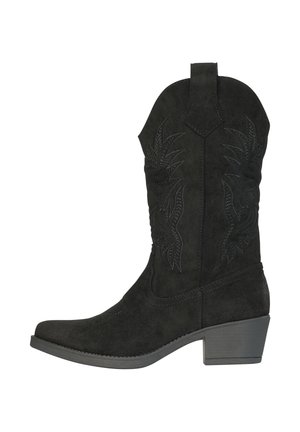 Zwarte suède cowboylaars tot halverwege de kuit met geborduurde vlammenpatronen, aantreklip, ronde neus en gestapelde hak.