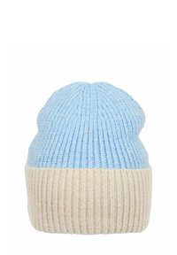 Strickmütze mit einem hellblauen Oberteil und cremefarbenem Rippbund, mit einer runden Krone und strukturiertem Stichmuster. Weiches Material mit eng anliegender Passform.