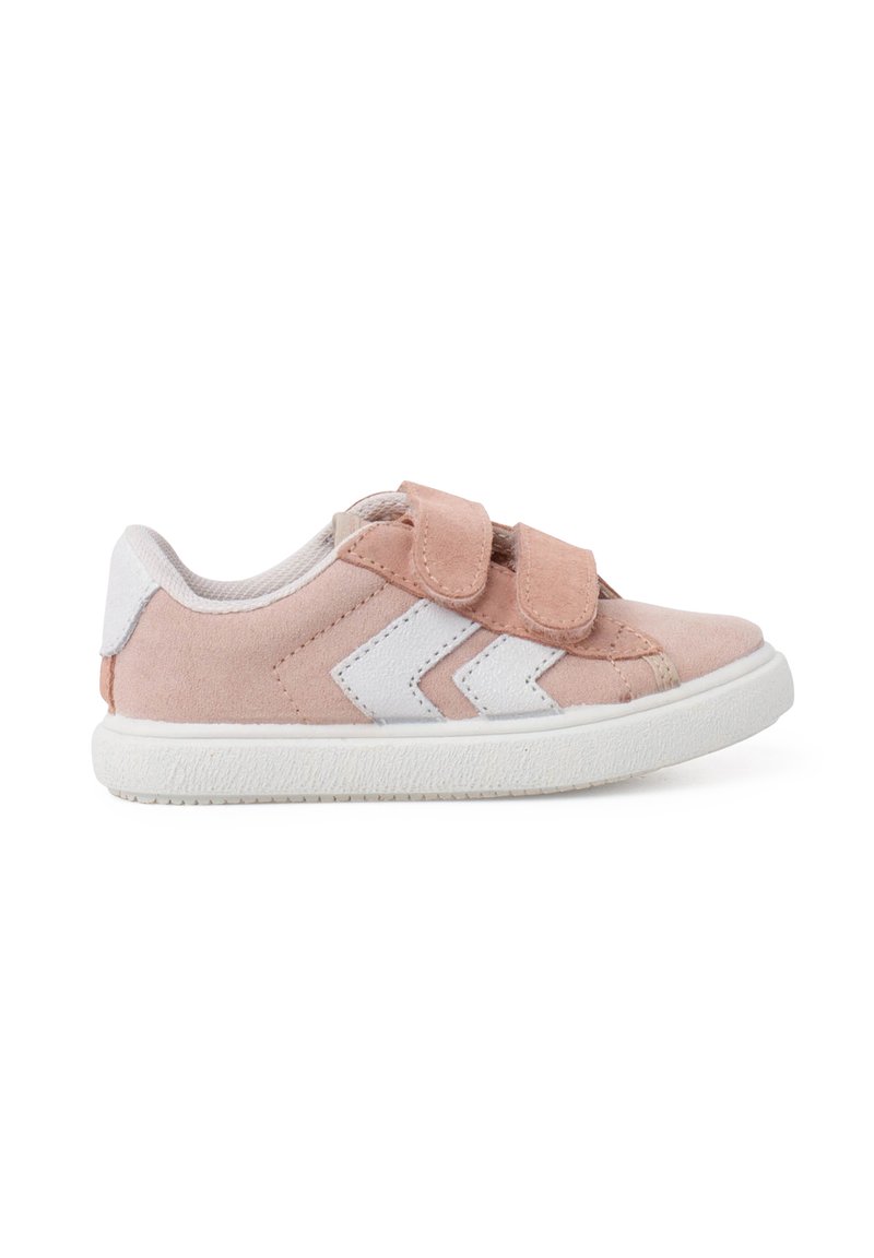 Light pink suede sneaker with white rubber sole, two Velcro straps, and white chevron design on the side. Smooth texture with contrasting accents.