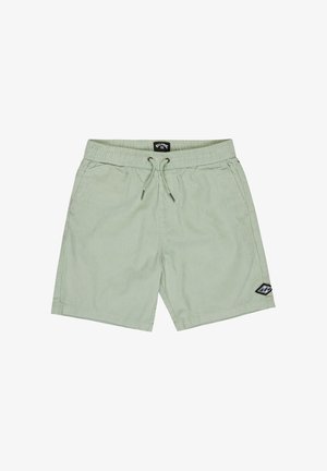 Garçon blond debout, portant une chemise à manches courtes à motifs bleu clair, un short vert menthe, des chaussettes noires et des baskets noires.