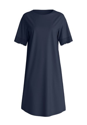 Navy blue knee-length dress with short sleeves featuring lace trim and a round neckline, displayed against a white background.