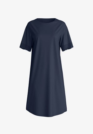 Robe bleu marine jusqu'aux genoux avec manches courtes, ornée de dentelle et d'un col rond, présentée sur un fond blanc.