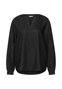 Blusa nera con taglio morbido, maniche lunghe, scollo a V e dettaglio testurizzato sulla patta. Tessuto liscio con leggero effetto lucido.