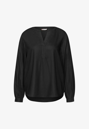Czarna bluzka o luźnym kroju, z długimi rękawami, dekoltem w serek i teksturowanym akcentem przy listwie. Gładka tkanina o delikatnym połysku.