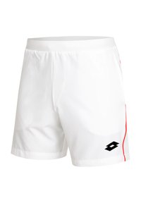 Shorts de sport blancs avec une texture lisse, une taille élastique, des accents rouges sur les côtés, et un logo noir sur le bas de la jambe gauche.