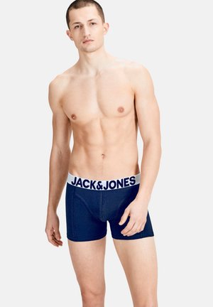 Navy blue boxer briefs with a grey waistband featuring the "JACK & JONES" logo in white. Made from a soft, stretchy fabric.