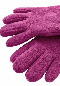 Gants en polaire d'un rose vif avec une surface douce et texturée. Dotés d'un design à cinq doigts pour une dextérité optimale et un ajustement parfaitement serré.