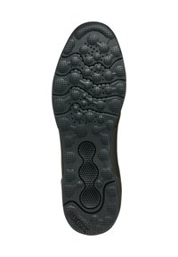 Suola di scarpa in gomma nera con un intricata trama di punti arrotondati e linee incavate per trazione e flessibilità. Presenta un dettaglio del logo.