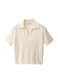 Koszulka polo z krótkim rękawem w kolorze ecru, wykonana z miękkiego materiału o luźnym kroju, z kołnierzem z wycięciem i subtelną fakturą.