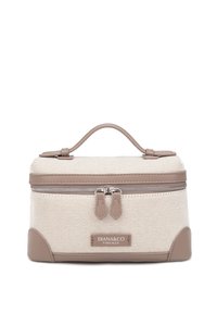 Trousse de toilette rectangulaire beige et taupe avec double fermeture éclair, poignée supérieure et logo DIANA&CO FIRENZE à l'avant.