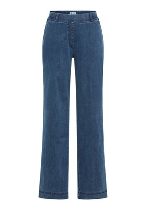 Denim wijde pijpen broek in donkerblauw. Kenmerken zijn een standaard tailleband, zijzakken en een rechte snoering met gestikte naden en zoom. Lichtgewicht stof.