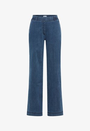 Pantaloni in denim a gamba larga di colore blu scuro. Presentano una vita standard, tasche laterali e un taglio dritto con cuciture e orli a vista. Tessuto leggero.