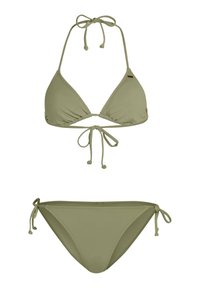 Zestaw bikini w kolorze oliwkowym z trójkątnym stanikiem i regulowanymi sznureczkami. Gładki materiał o minimalistycznym designie. Dolna część ma boczne wiązania dla regulowanego dopasowania.