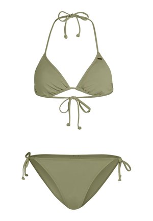 Olijfgroen bikini set met driehoekstop en verstelbare strikjes. Gladde stof met een minimalistisch ontwerp. Het broekje heeft zijstrikjes voor een verstelbare pasvorm.