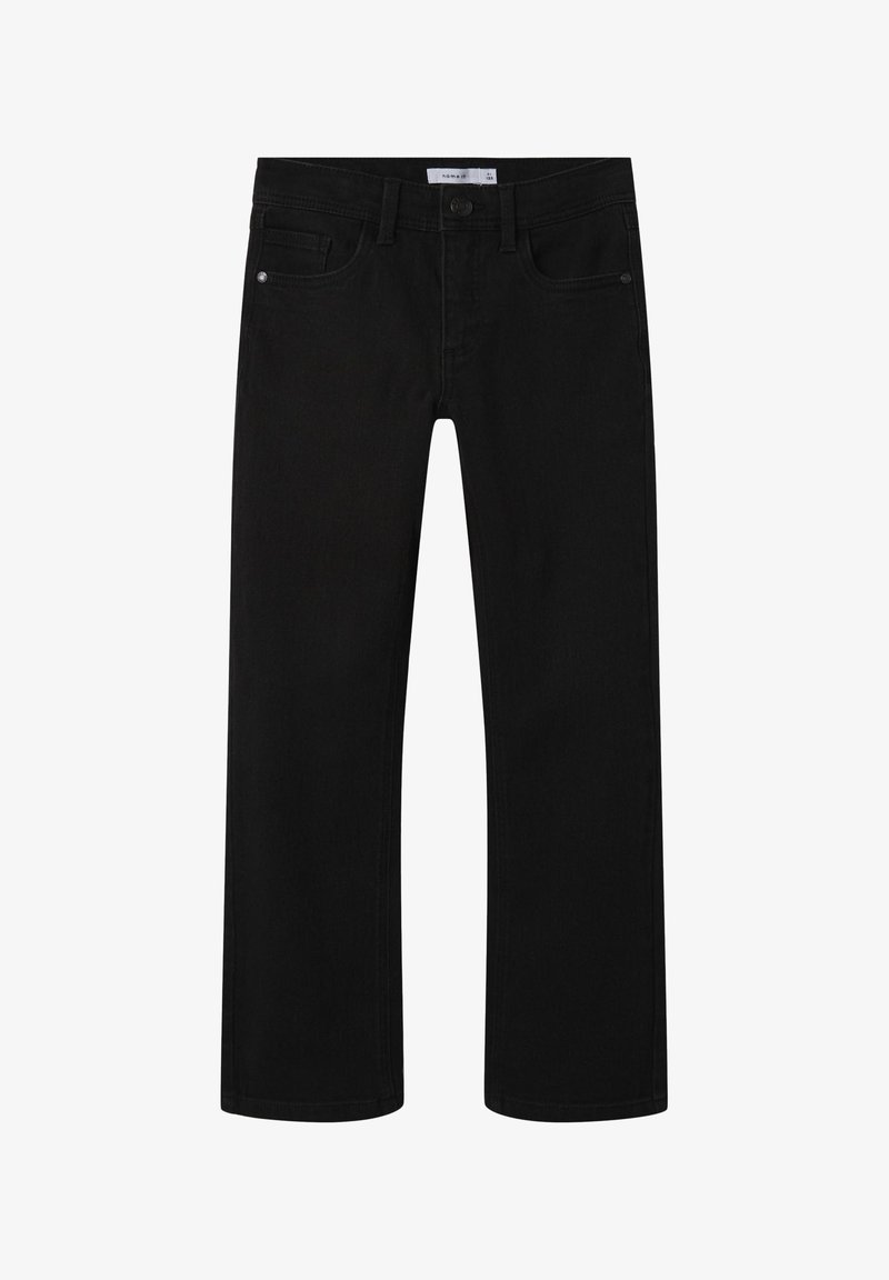 Jeans de mezclilla negra con corte recto, que cuentan con cinco bolsillos, un cierre frontal con botón y sutiles detalles de costura.