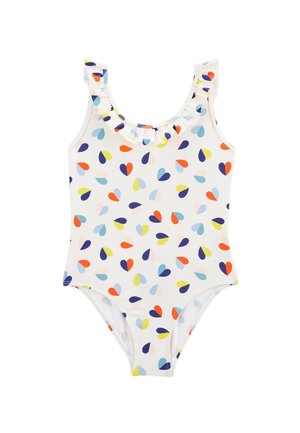Maillot de bain une pièce avec des bretelles volantes sur fond blanc, présentant un motif de cœurs multicolores dans des nuances de bleu, orange et jaune.