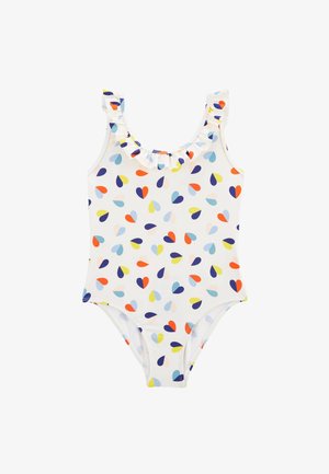 Maillot de bain une pièce avec des bretelles volantes sur fond blanc, présentant un motif de cœurs multicolores dans des nuances de bleu, orange et jaune.