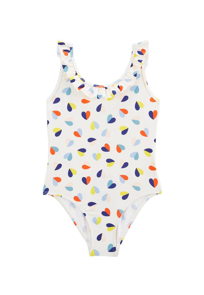 Maillot de bain une pièce avec des bretelles volantes sur fond blanc, présentant un motif de cœurs multicolores dans des nuances de bleu, orange et jaune.