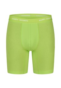Světlé limetkově zelené boxerky vyrobené z měkké, elastické látky. Na pase je nápis "HAPPY SHORTS" bílou barvou.
