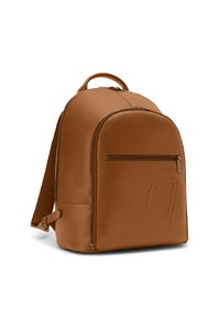 Brown leather backpack with smooth texture, rounded top, front zip pocket, and logo accent. Adjustable straps and top handle for carrying.