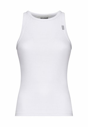 Canotta bianca senza maniche a coste con scollo rotondo e piccola etichetta in tessuto sul lato superiore sinistro.