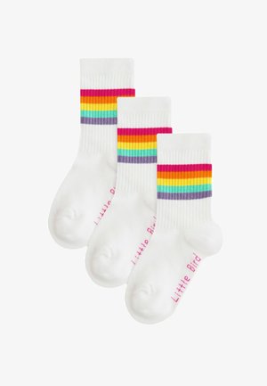 Calzini bianchi con strisce orizzontali colorate in rosa, arancione, giallo, verde e viola. Polsini a costine con una texture morbida.