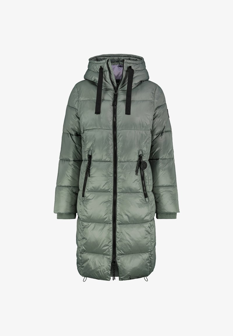 Puffy lange jas in zacht groen met een capuchon, voorzien van een volledige ritssluiting aan de voorkant, twee zijzakken en contrasterende zwarte koorden en ritsen.