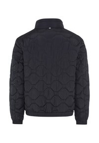 Giacca imbottita nera con motivo a esagoni, collo alla coreana e polsini elastici per il massimo comfort. Tessuto liscio con design leggero.