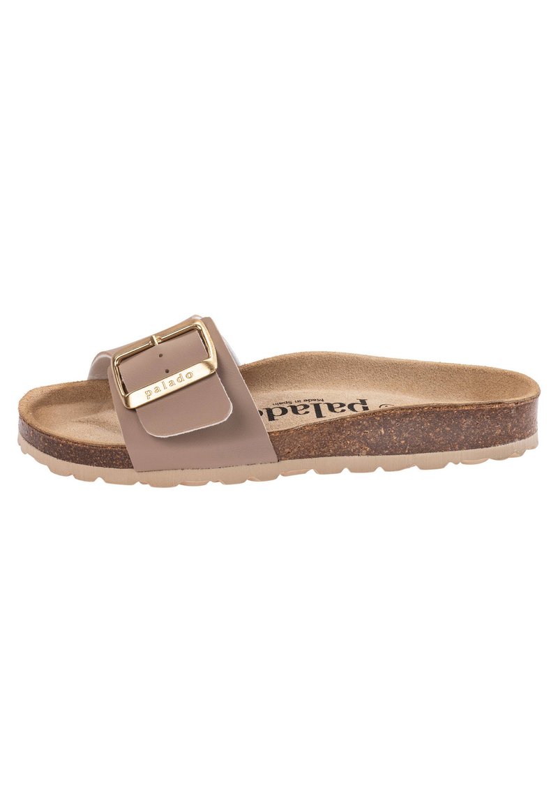 Sandalo scivoloso beige con una fascia larga, dotato di una fibbia color oro e di una suola in sughero. Suola in gomma testurizzata per una migliore aderenza.