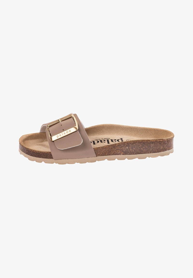 Sandalo scivoloso beige con una fascia larga, dotato di una fibbia color oro e di una suola in sughero. Suola in gomma testurizzata per una migliore aderenza.