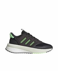 Sneaker atletico nero e verde con suola imbottita bianca, punta in rete, design con lacci e tre strisce verdi sul lato.