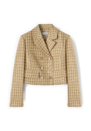 Blazer cruzado de doble botonadura a cuadros beige y marrón, con cuello de solapa y mangas largas, hecho de tela texturizada.