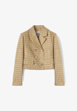 Beiger und brauner karierten, taillierten, doppelt geknöpften Blazer mit Reverskragen und langen Ärmeln aus strukturiertem Stoff.