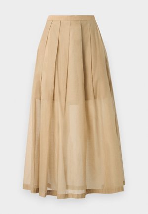 Beige midi skirt with pleats, made of lightweight fabric. Sheer overlay with a solid hem, offering a flowing silhouette.