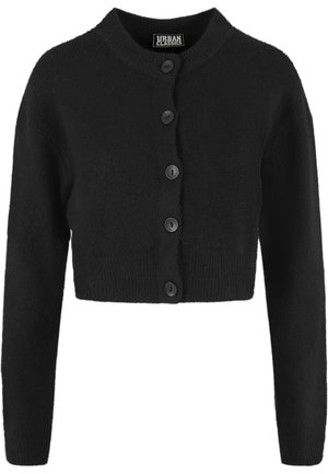 Cardigan negro recortado hecho de material de punto suave, con escote redondo y seis botones negros en la parte delantera. Manga larga.