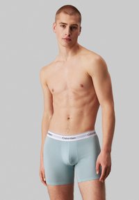 Lichtblauwe herenboxershorts met een witte Calvin Klein logo band. Glad textuur, aansluitend ontwerp, lengte tot halverwege de dijen en een gevormde voorklep.