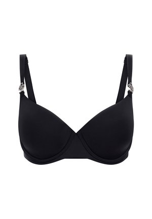Sort polstret bh med en glat overflade, der har justerbare stropper og dekorative metaldetaljer på skulderen.
