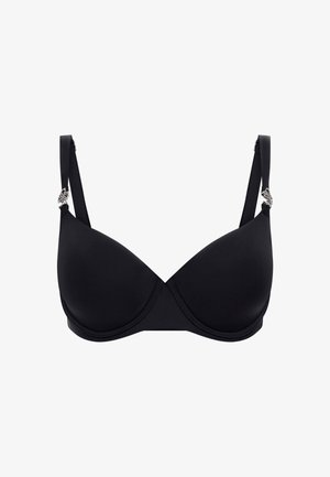 Schwarzer gepolsterter BH mit einer glatten Textur, ausgestattet mit verstellbaren Trägern und dekorativen Hardware-Details an der Schulter.
