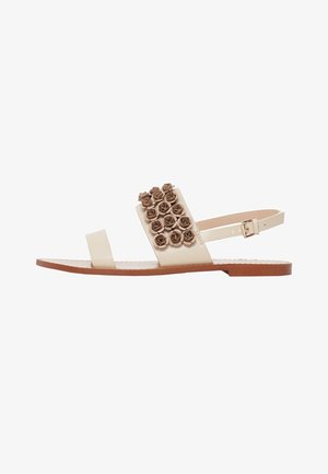 Sandales plates beiges avec une lanière, ornées d'un bouquet de petits accents de rose marron sur le dessus. Semelle en caoutchouc, boucle de cheville réglable.