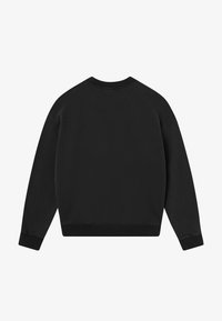 Schwarzer Rundhalsausschnitt-Sweatshirt mit langen Ärmeln, gerippten Bündchen und Saum. Hergestellt aus einem glatten Baumwollmischgewebe. Einfache Rückendesign.
