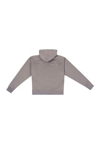 Gray hoodie with a front pocket, a drawstring hood, and ribbed cuffs. Features "DROPSIZE" printed in a subtle tone on the back.