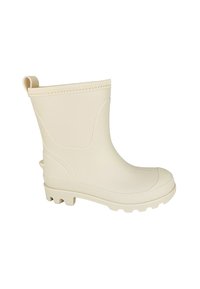 Botte en caoutchouc imperméable beige avec une semelle texturée, de hauteur courte, avec une languette et une finition lisse. Conçue pour un enfilage facile et une bonne traction.